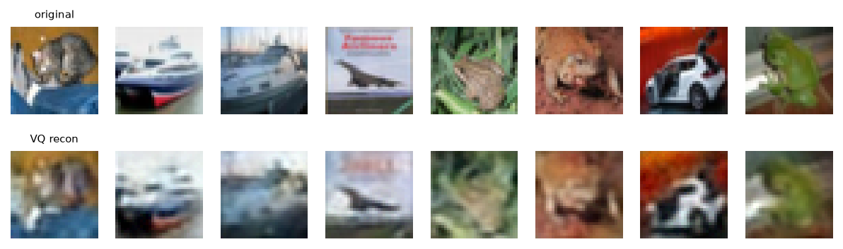 Eight CIFAR images (top) and their VQ-VAE reconstructions (bottom): blurry but the ship, frogs, car and airplane remain recognisable.