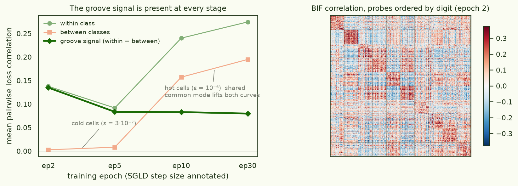 Left: within-class, between-class and difference curves across epochs 2 to 30; the groove signal is positive everywhere with a peak at epoch 2. Right: 510 by 510 BIF correlation matrix at epoch 2 ordered by digit, showing clear red diagonal blocks for most digits.