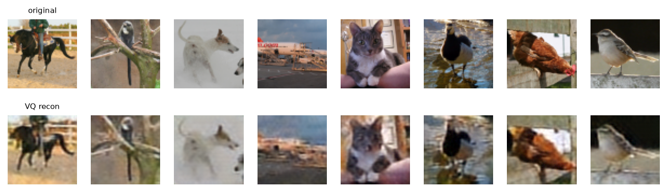 STL-10 originals and VQ reconstructions at 64px: blurry but object and scene structure preserved.