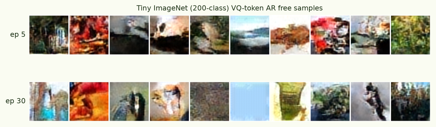 Free samples from the 200-class model at epochs 5 and 30 — painterly textures and scenes, less object-coherent than STL.