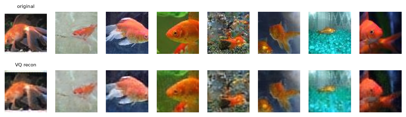 Tiny ImageNet originals and VQ reconstructions at 64px.